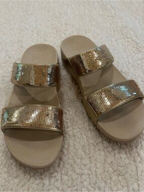 FitFlop Gold Sequin Double-Strap Slide Sandals
